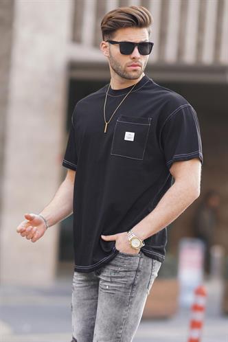 Siyah Oversize Cep Detaylı Erkek Tişört 7001