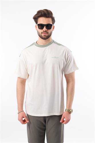 Madmext Ekru Bisiklet Yaka Baskılı Erkek Tişört E7114
