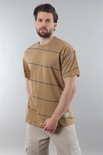 Kapuçino Bisiklet Yaka Basic Çizgili Erkek T-shirt E7102