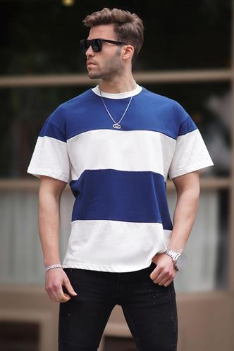 Lacivert Oversize Renk Bloklu Bisiklet Yaka Tişört 7020