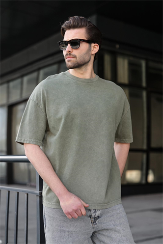 Haki %100 Pamuklu Oversize Erkek Tişört E7178