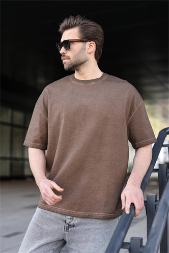 Kahverengi %100 Pamuklu Bisiklet Yaka Oversize Erkek Tişört E7177