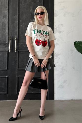 Ekru %100 Pamuklu Baskılı Kadın Tişört Mg2381