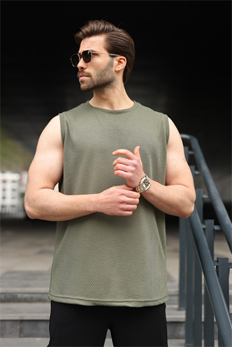 Haki Bisiklet Yaka Jakarlı Kolsuz Erkek Tişört E7180