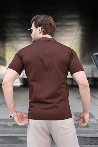 Kahverengi Slim Fit Polo Yaka Triko Erkek Tişört E7472