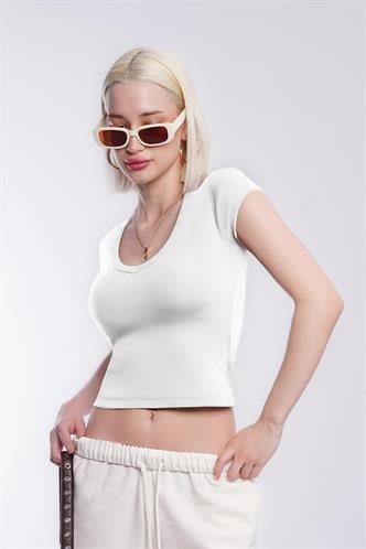 Beyaz V Yaka Basic Kadın Tişört Mg2450