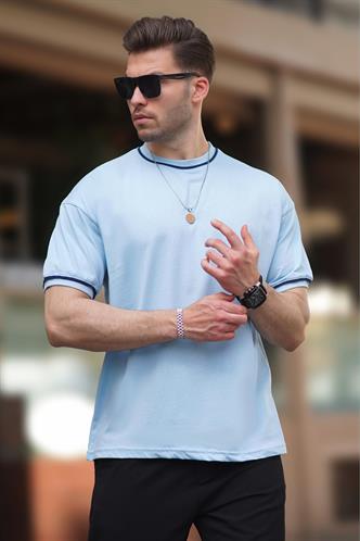 Açık Mavi Bisiklet Yaka Kol Boyun Şeritli Overfit Tişört 7024