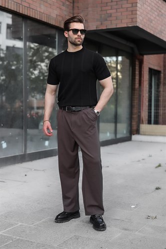 Siyah Regular Fit Bisiklet Yaka Fitilli Triko Erkek Tişört E7490