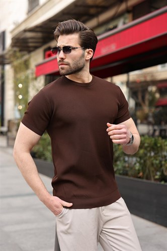 Kahverengi Bisiklet Yaka Fitilli Erkek Tişört E7474