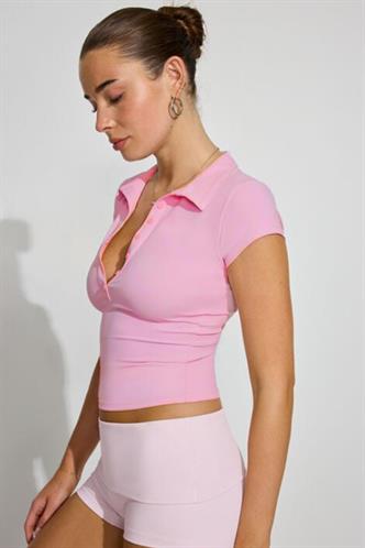 Pembe Polo Yaka Basic Kadın Tişört Mg2455