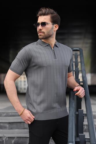 Antrasit Yarım Fermuarlı Polo Yaka Triko Erkek Tişört E7298