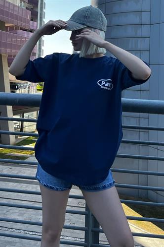 Lacivert Oversize Sırt Baskılı Bisiklet Yaka Kısa Kollu Tişört MG2127