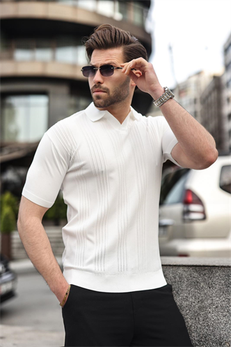Beyaz Polo Yaka Triko Erkek Tişört E7469