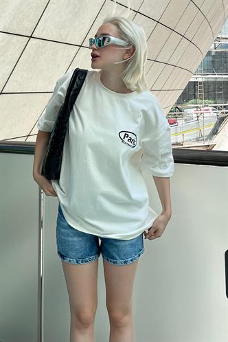 Ekru Oversize Sırt Baskılı Bisiklet Yaka Kısa Kollu Tişört MG2127