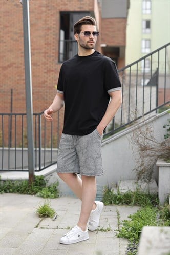 Siyah %100 Pamuklu Bisiklet Yaka Şort Tişört Takım E7359