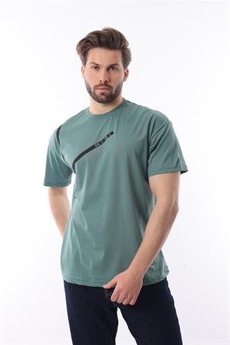 Yeşil Bisiklet Yaka Şerit Detaylı Pamuklu Erkek T-shirt E7033