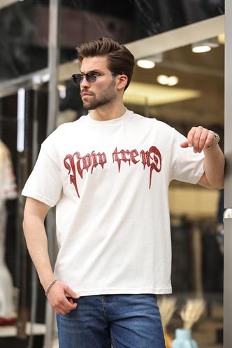 Ekru  Baskılı %100 Pamuk Erkek T-shirt E7141