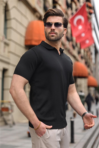 Siyah Polo Yaka Triko Kısa Kollu Erkek Tişört E7463
