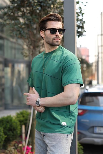 Koyu Yeşil Bisiklet Yaka Basic Çizgili Erkek T-shirt E7102