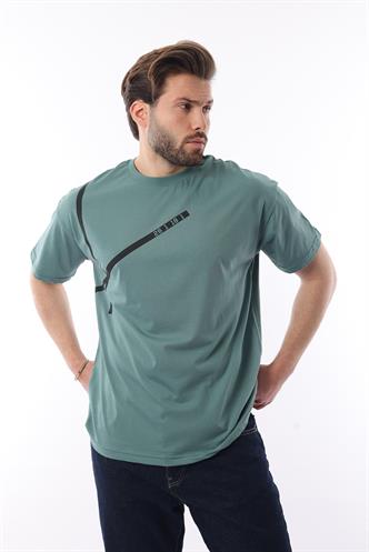 Yeşil Bisiklet Yaka Şerit Detaylı Pamuklu Erkek T-shirt E7033