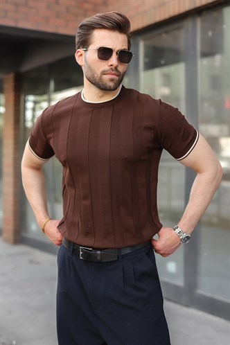 Kahverengi Bisiklet Yaka Regular Fit Triko Erkek Tişört E7487
