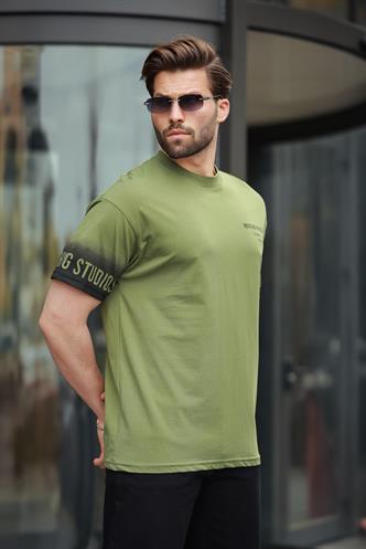 Haki Yeşili %100 Pamuklu Baskılı Erkek Tişört E7143