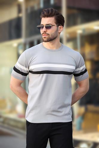 Madmext Gri Bisiklet Yaka Çizgili Erkek T-shirt E7412
