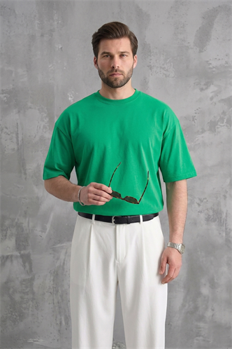 Erkek Parlak Yeşil Oversize Fit Basic Tişört 6066