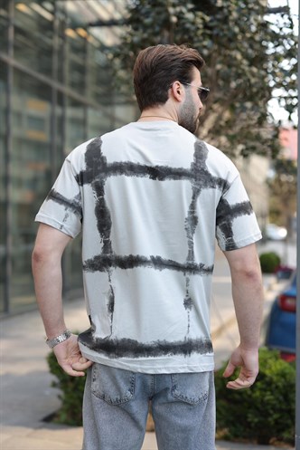 Boyalı Gri Bisiklet Yaka Baskılı Basic Erkek T-shirt E7109