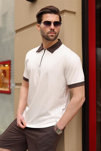 Ekru %100 Pamuklu Polo Yaka Şort Tişört Takım E7358