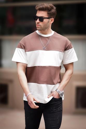 Vizon Oversize Renk Bloklu Bisiklet Yaka Tişört 7020