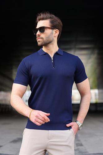 Lacivert Yarım Fermuarlı Polo Yaka Triko Erkek Tişört E7459