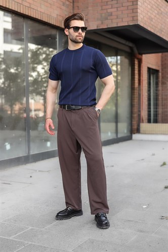 Lacivert Regular Fit Bisiklet Yaka Fitilli Triko Erkek Tişört E7490