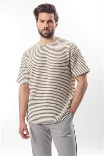 Haki Bisiklet Yaka Pamuklu Çizgili Erkek T-shirt E7121