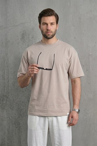 Erkek Taş Rengi Oversize Fit Basic Tişört 6066