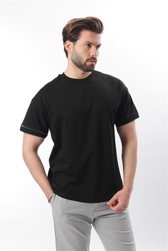 Siyah Bisiklet Yaka Çoban Dikişli Overfit Erkek T-shirt E7103