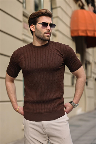 Kahverengi Bisiklet Yaka Triko Erkek Tişört E7468