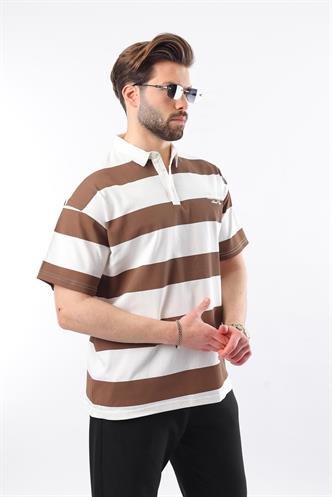Kahverengi Oversize Renk Bloklu Polo Yaka Tişört E7120