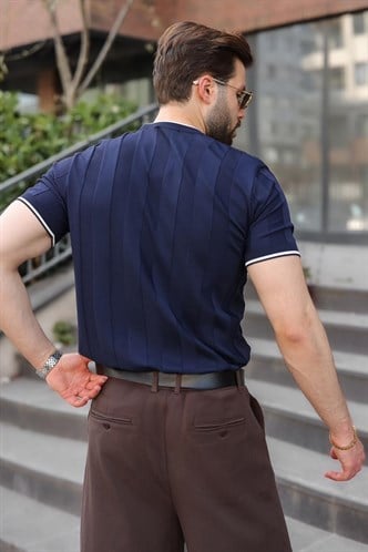 Lacivert Bisiklet Yaka Regular Fit Triko Erkek Tişört E7487