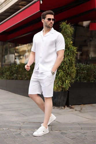 Beyaz %100 Pamuklu Erkek Şort Gömlek Takım E7361