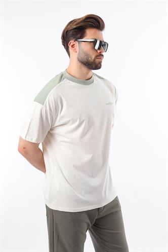 Madmext Ekru Bisiklet Yaka Baskılı Erkek Tişört E7114