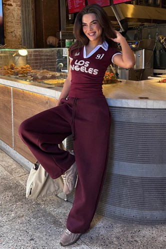 Bordo Baskılı Polo Yaka Slim Fit Kadın Tişört MG2689