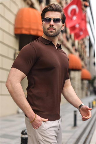 Acı Kahverengi Polo Yaka Triko Kısa Kollu Erkek Tişört E7463