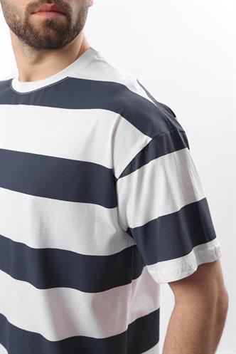 İndigo Oversize Renk Bloklu Bisiklet Yaka Kısa Kollu Tişört 7030