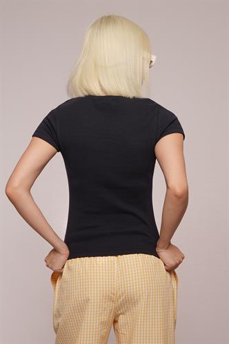 Lacivert Geniş Yaka Fittili Basic Kadın T-shirt Mg2293
