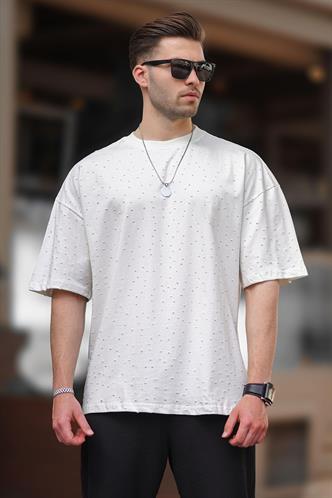 Ekru Oversize Yırtık Deyatlı Pamuklu Tişört 7032