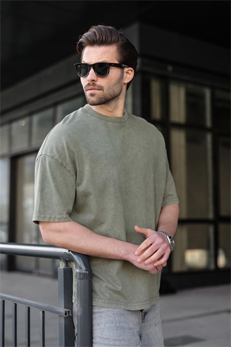 Haki %100 Pamuklu Oversize Erkek Tişört E7178