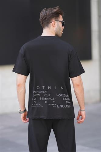 Siyah Overfit Bisiklet Yaka Sırt Baskılı Kısa Kollu Erkek Tişört 7037