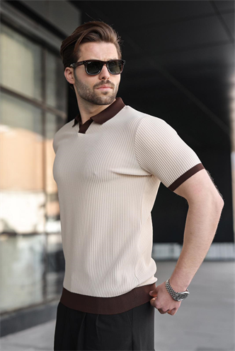 Taş Rengi Polo Yaka Triko Erkek Tişört E7464
