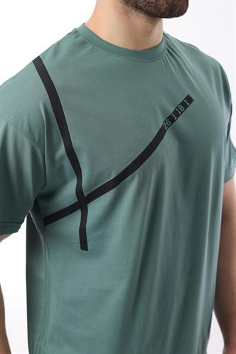 Yeşil Bisiklet Yaka Şerit Detaylı Pamuklu Erkek T-shirt E7033